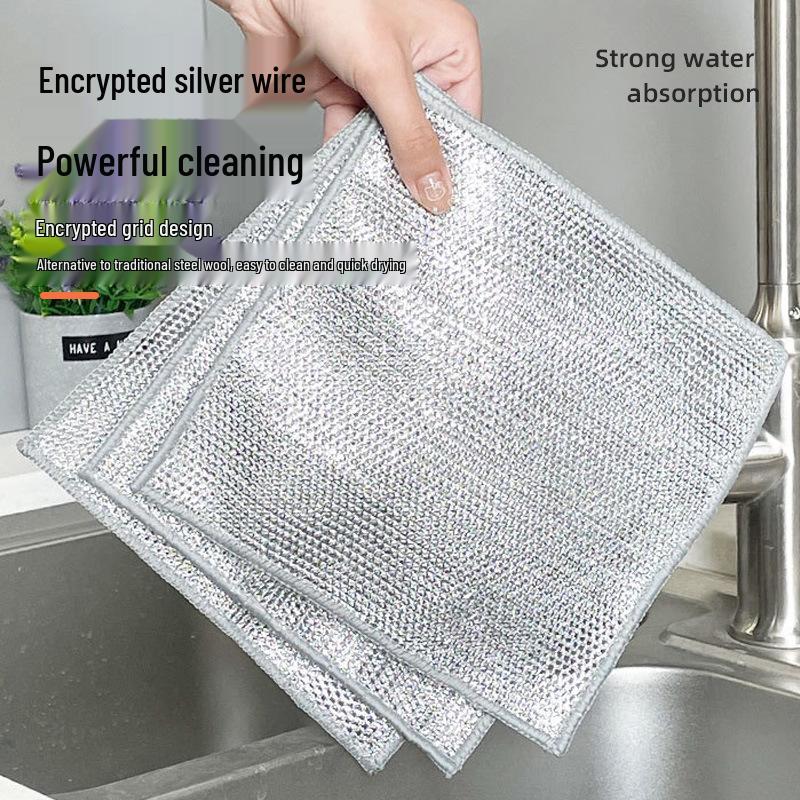 Double-Sided Silver Wire Scouring Pad - Multi-Functional Dishwashing Cloth & Kitchen Cleaning Towel