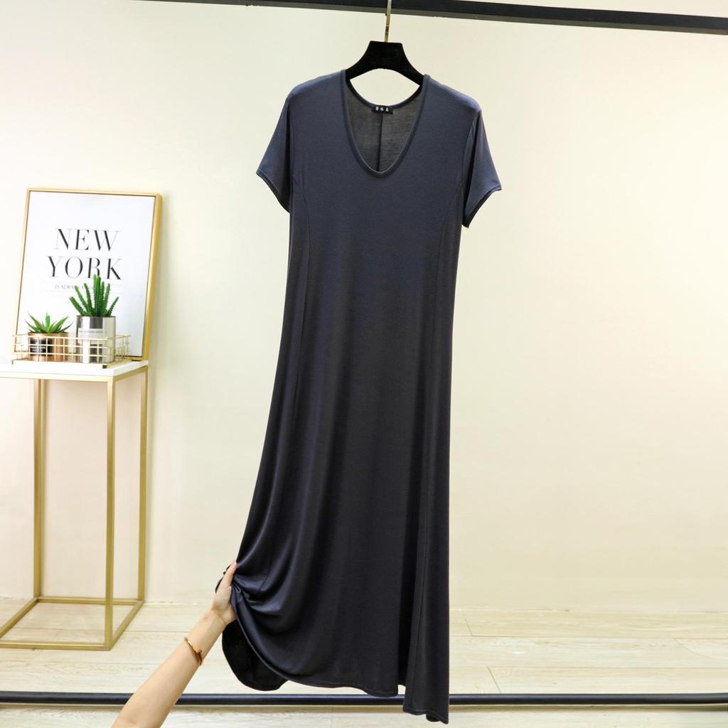 Women's Modal Short-Sleeve Long Summer Dress - Loose, Casual Plus Size Home & Outdoor Wear