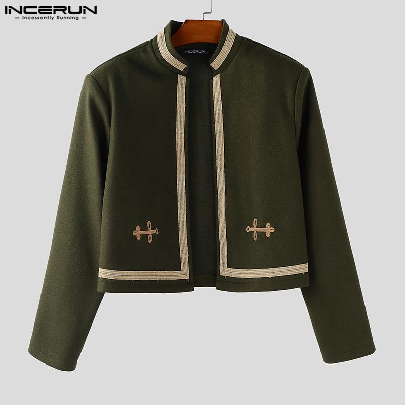 INCERUN Men Long Sleeve Embroidery Patchwork Open Front Casual Short Thin Coat Jackets