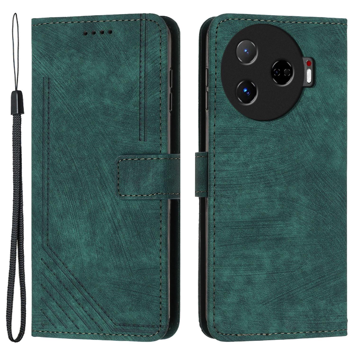 

For TECNO Camon 30 Pro 5G Phone Cover Lines Imprinted Anti-Scratch PU Leather Stand Case Green
