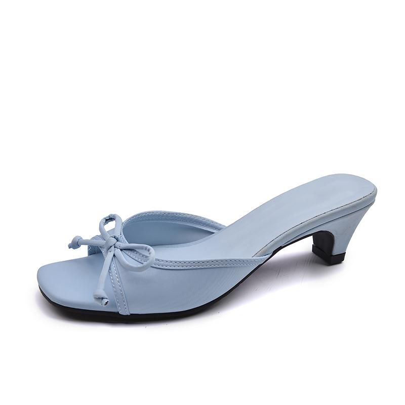 

Fashion Navy Blue Tweed Square Toe Bowknot Mule Sandals Woman Brand Design Low Heel Slide Slippers Ladies Elegant Party Dress Shoes 35
