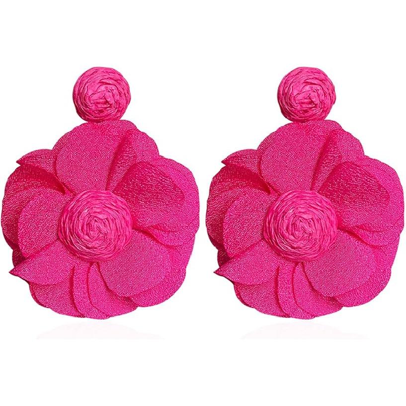 Rattan Earrings Summer Boho Handwoven Big Fabric Chiffon Rattan Flower Drop Earrings Statement Tropical Beach Vacation Jewelry