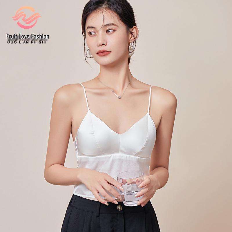 

Mulberry Silk Satin Camisole Bra with Pads - Wire-Free, Anti-Exposure Design M хаки