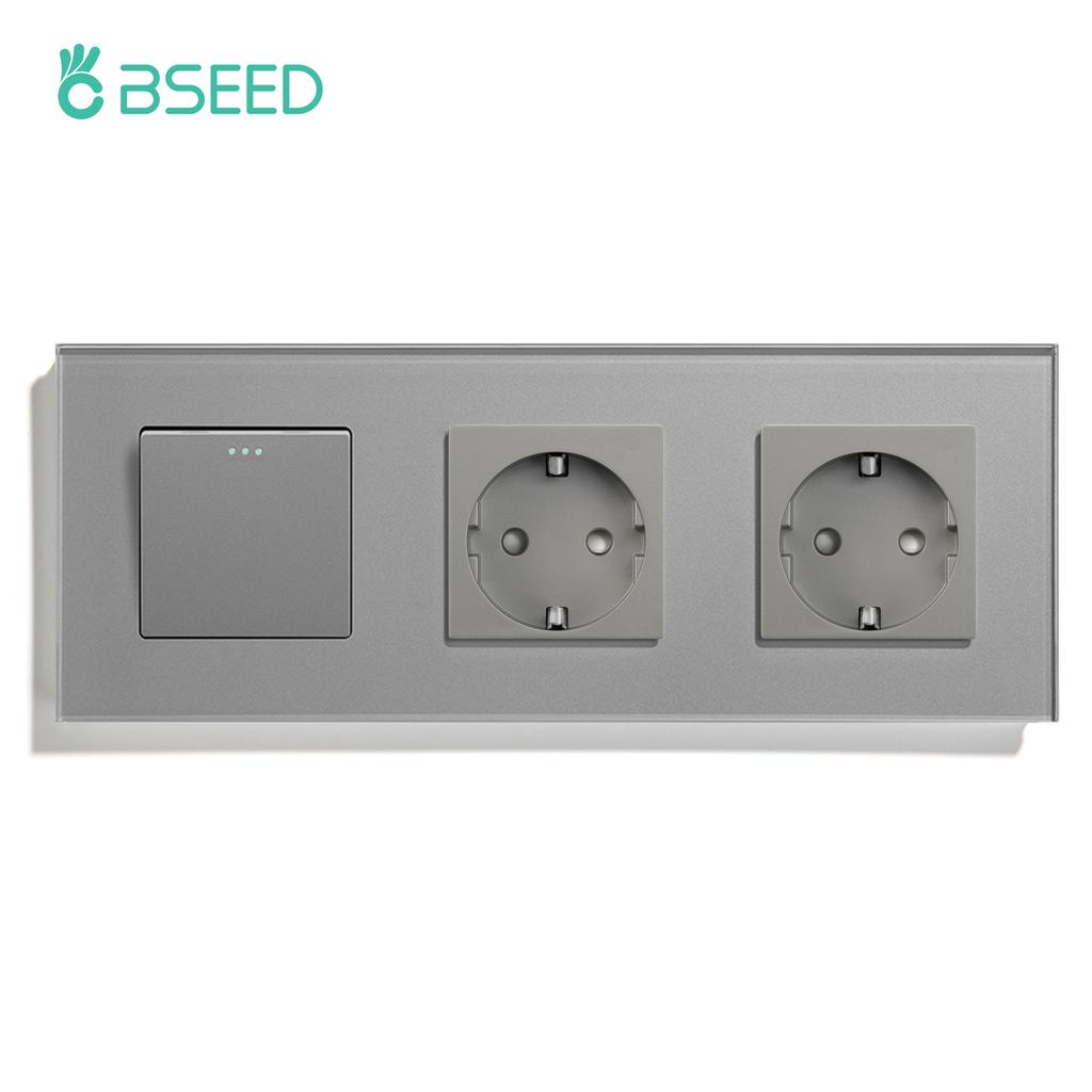 BSEED 1/2/3Gang Mechanical Light Switches 1Way Plus Wall Socket Type-c USB Power Outlets Crystal Glass Frame EU Standard Gray