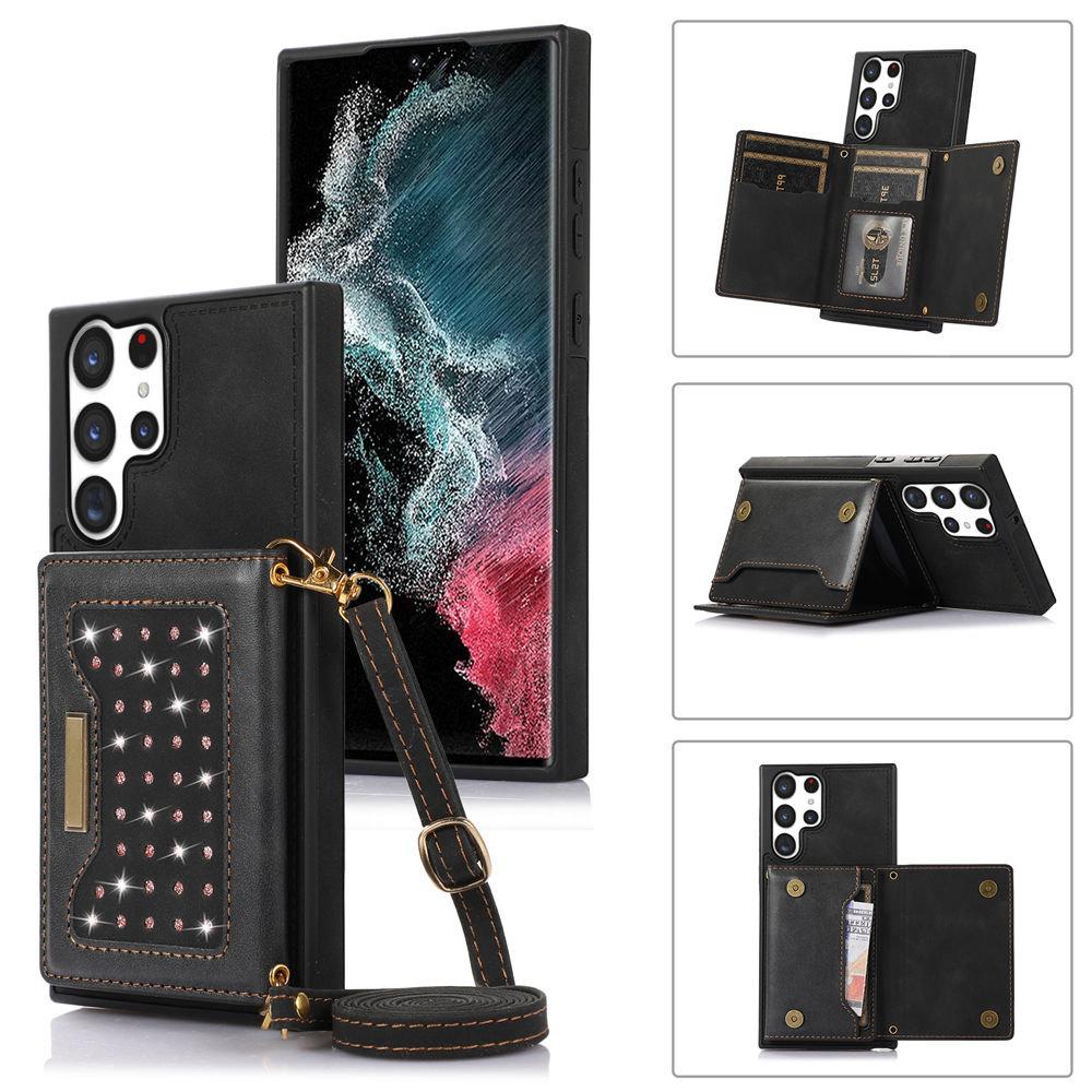 

Bling Glitter Crossbody Leather Wallet Case For Samsung Galaxy S24Ultra S23Plus S22 S21 S20 Note 20 A13 A14 A54 Cards Cover For Galaxy S22 чёрный