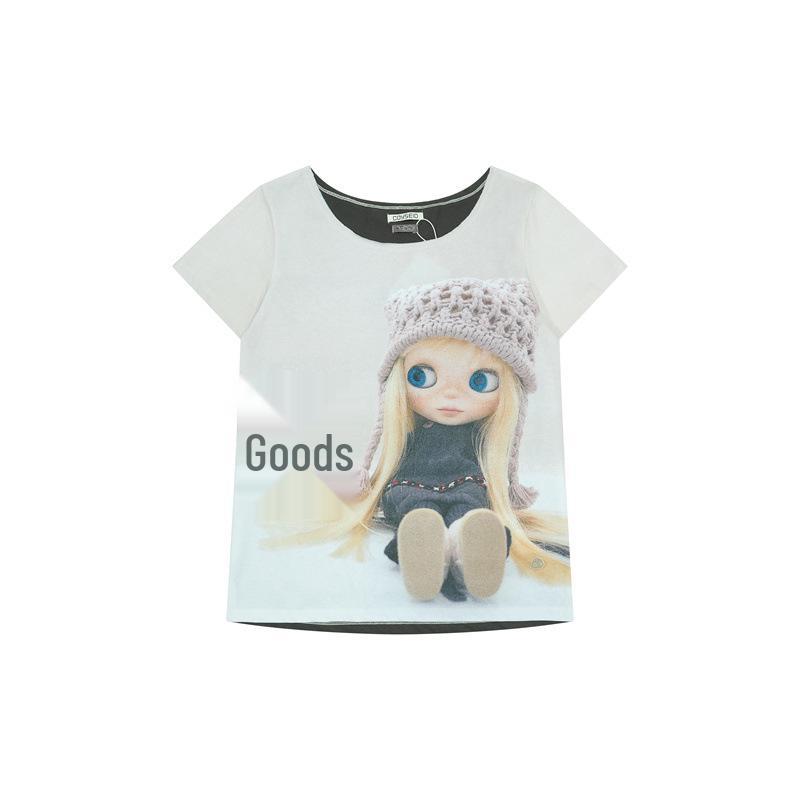 Korean Coyseio Collab One-Shoulder Doll Print Loose Short-Sleeve Women s T-shirt - New Early Spring Arrival M