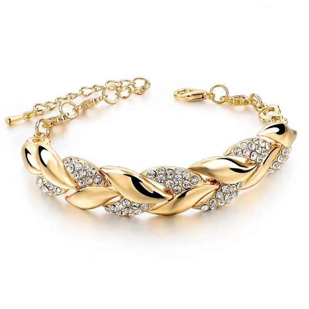 1PC Hip Hop Leaf Bracelet Women's Gold Twisted Shining Crystal Stone Pendant Bracelet Elegant Adjustable Chain Daily Jewelry