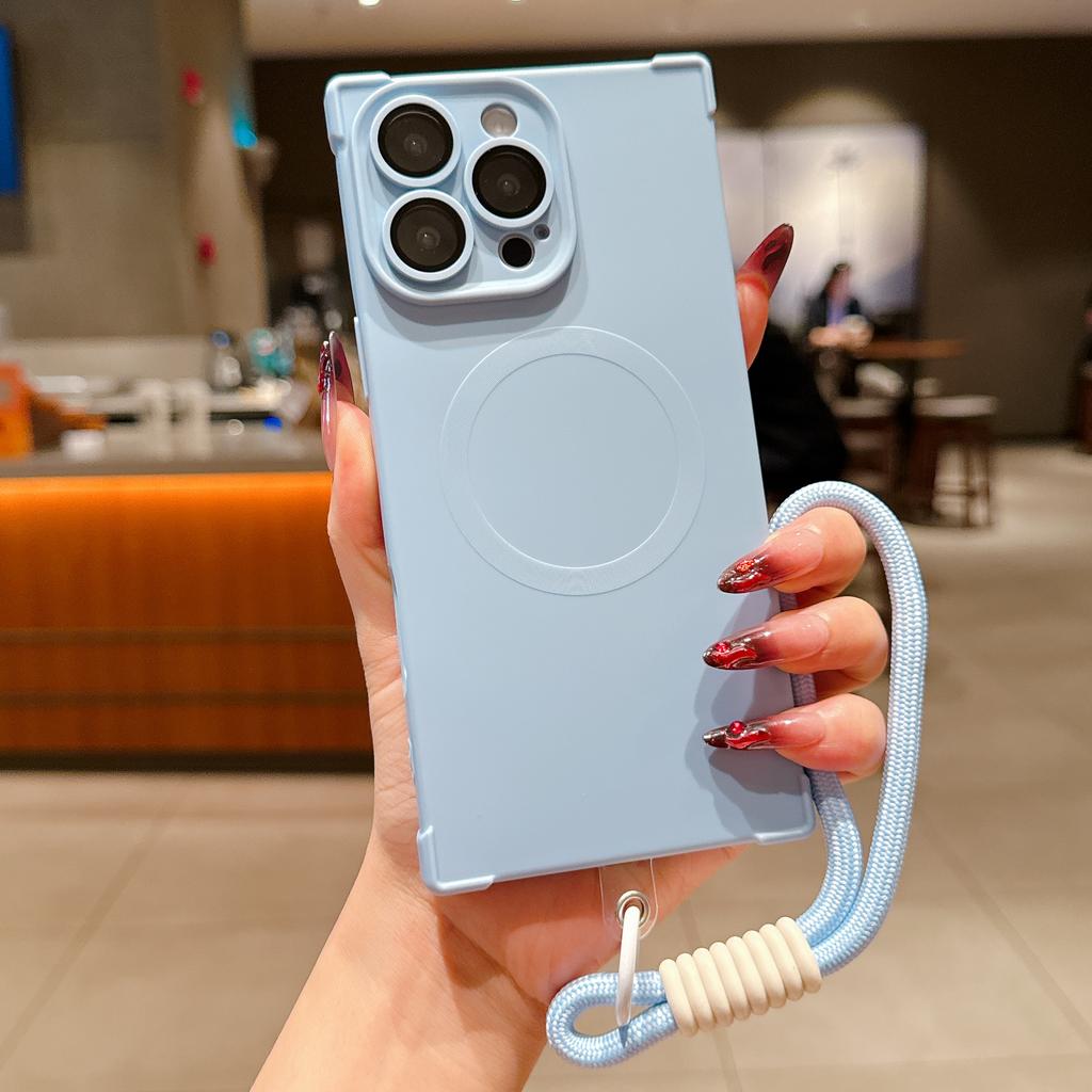 Matte Soft Silicone Square Shockproof Case for iPhone 16 15 14 Plus 13 Pro Max Magnetic Wireless Charge Lanyard Rope Strap Cover