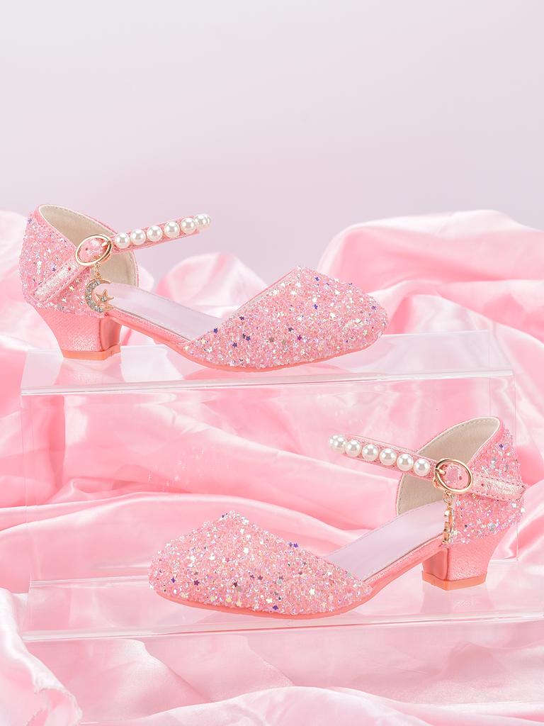 Sapatos de Salto Alto Estilo Princesa para Meninas Com Decoração de Pingente de Estrela Brilhante, Adequados Para Vestido e Festa de Aniversário