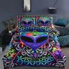 Alien Cartoon Duvet Cover Set, Alien Skull Bedding Set Psychedelic Space Watercolor Colorful Queen Size Bedspread Alien Gifts