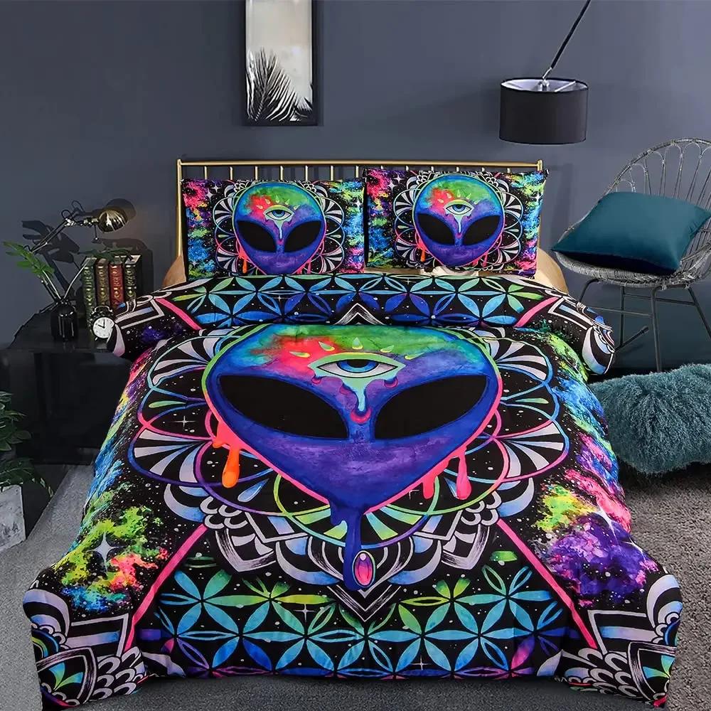 Alien Cartoon Duvet Cover Set, Alien Skull Bedding Set Psychedelic Space Watercolor Colorful Queen Size Bedspread Alien Gifts