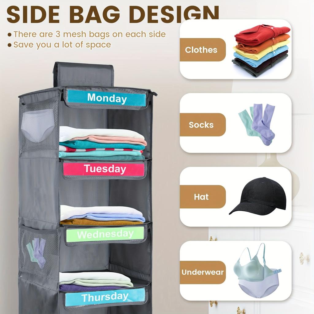 5 Layer Foldable Hanging Storage Bag with Label Hanging Organizer for Adults Kids Weekly Clothes Organization Monday To Friday