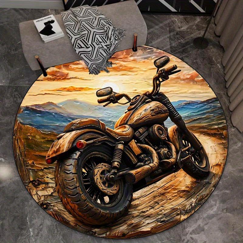 Motorcycle Sunset Landscape Round Rug Plush Floor Mat Biker Style Room Decor Adventure Travel Theme Carpet Motorcycle Lover Rug
