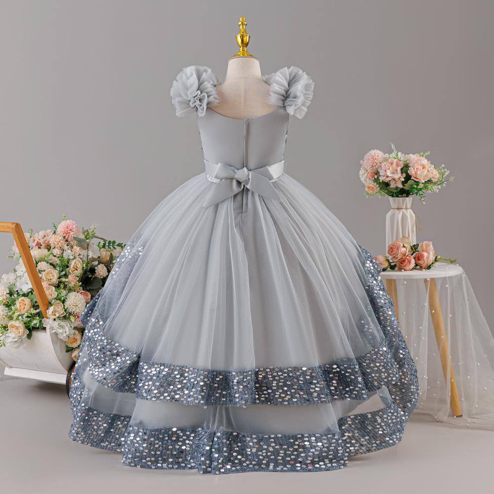 Pailletten-Prinzessinnenkleid: Formelles Kleid für Mädchen für Geburtstage und Partys – Schleife, Pailletten, Trägerlos, Schleppe