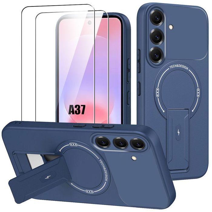 Hülle + 2 Gehärtete Gläser für Samsung Galaxy A37 5G, Silikon mit Magnetischem Kreis - Dunkelblau