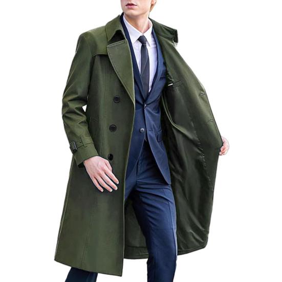 Men Windbreaker Lapel Long Sleeve Double Breasted Mid-Length Coat Solid Color Casual Business Outerwear