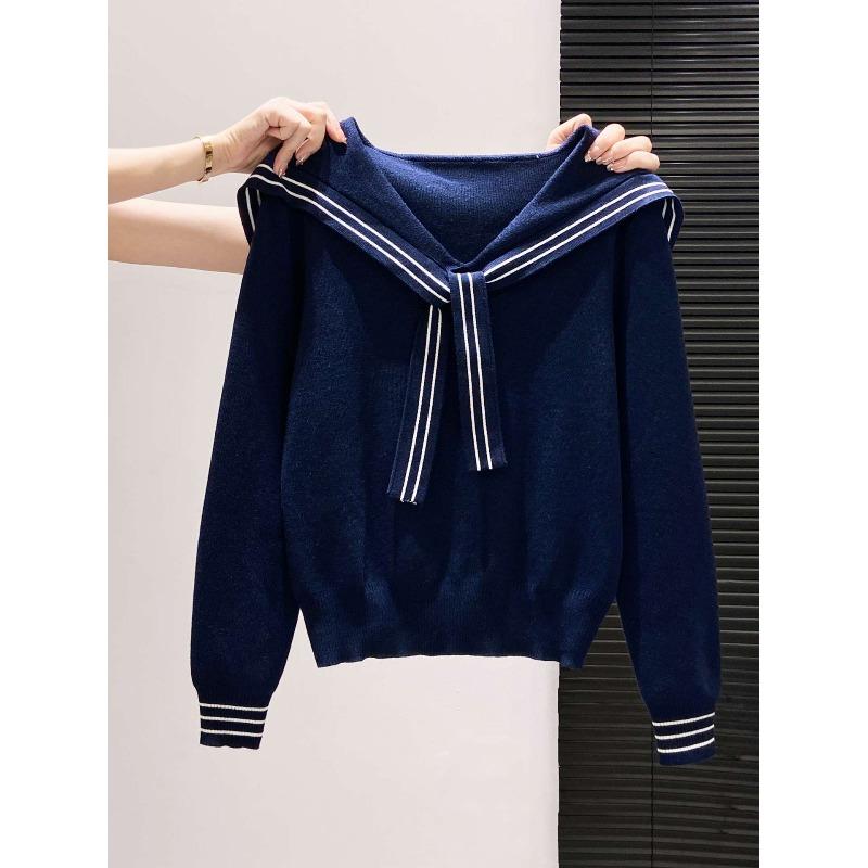Temperament soft waxy knitted sweater niche long-sleeved sweater women's autumn new college style navy collar shawl strap top
