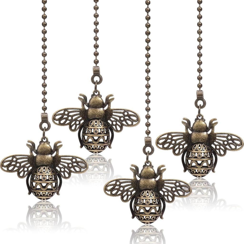 4 Pack 13'' Vintage Queen Bee Ceiling Fan Pull Chain Extender, Decorative Dangle Charm Pendants with Chain Connectors, Bronze