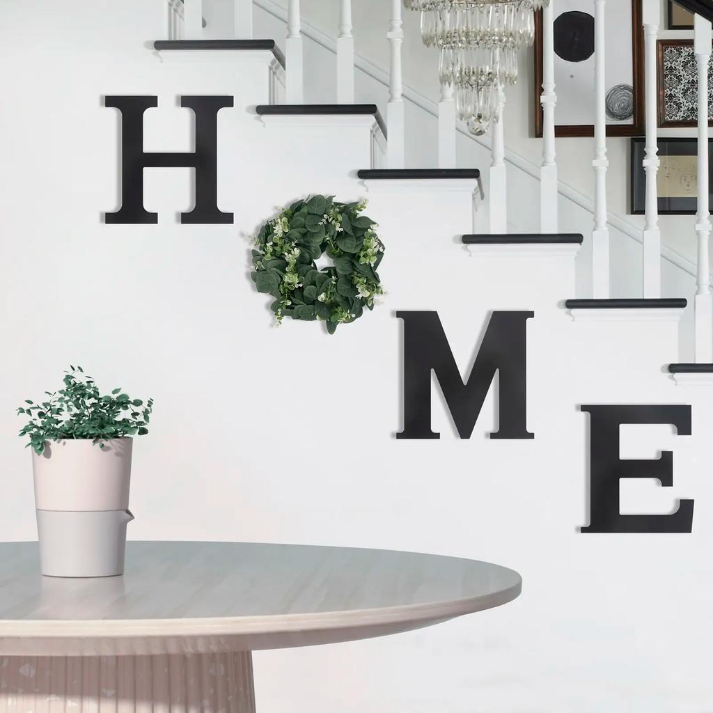 Holz Home Buchstaben Wandbehang Heimschild mit künstlicher Eukalyptusdekoration für Wohnzimmer Haus