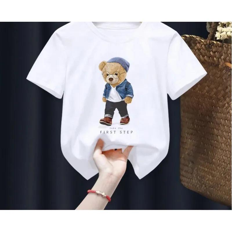 2026 Childrens Funny Bear Print Tshirt Summer Short Sleeve Cartoon Harajuku Style Girl Boy Teddy Bear TShirt Tops for Kids 100