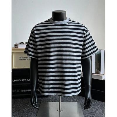 Herren Schwarz Grau Gestreiftes T-Shirt Rundhalsausschnitt Kurzarm Lässige Lockere Passform Tee Für Tägliche Streetwear