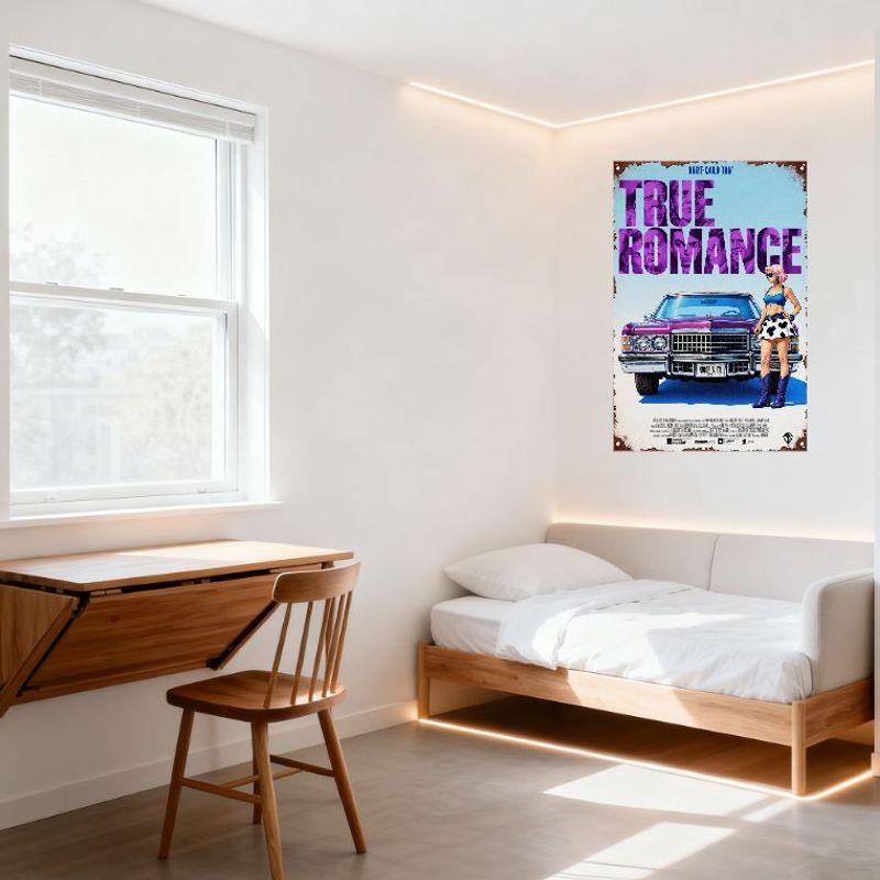 True Romance Movie Poster Metal Tin Sign Vintage 1970s Gritty Crime Romance Artwork Wall Decor for Bar Cafe Man Cave Home Art