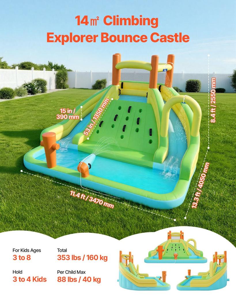 Inflatable Bounce House, 13.3 X 11.4 X 8.4 Ft Inflatable Bounce House Water Slide, Bouncer Castle with Climbing Wall, Double Tall Slides, Splash Pool