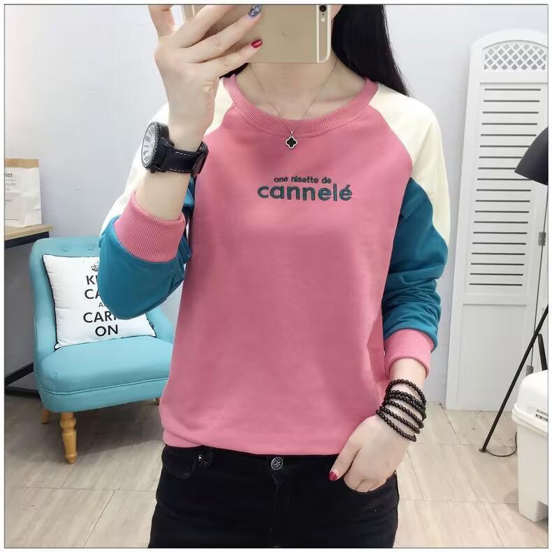 Spring Autumn Lady Loose Appear Thin Long Sleeved Thin Style Korean Round Neck Patchwork Contrasting Colors Insert All-match Tops