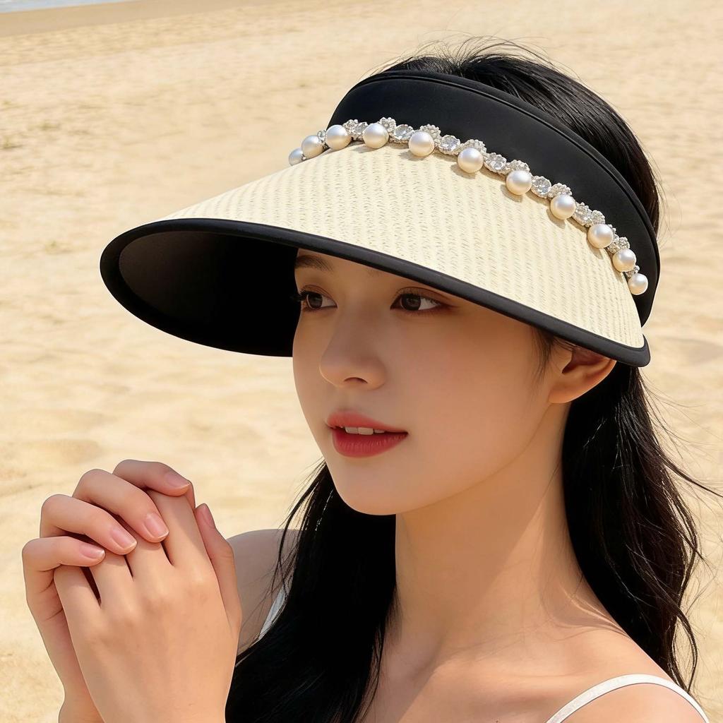 Light Luxury Pearl Rhinestone Empty Top Hat Women's Summer Outdoor Travel Light Big Brim Vinyl Sun Hat