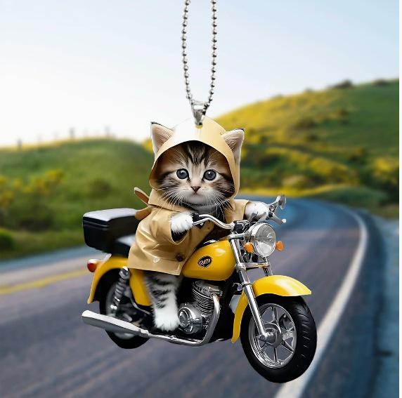 

2D Cream Cat Acrylic Rearview Mirror Pendant - Cute Black & White Kitten Jewelry Pendant