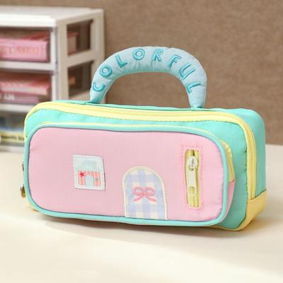 Embroidered Dopamine House Pencil Bag Large Capacity Portable Stationery Storage Bag Zipper Creative Pen Pencil Case