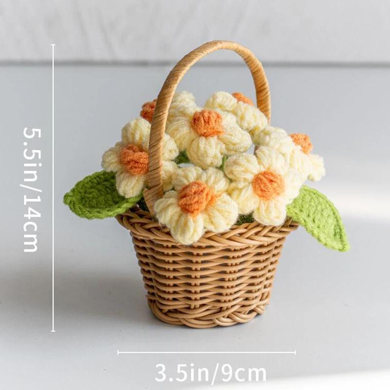 Fiore all'uncinetto fatto a mano con cestino Carino Finito Tessuto Girasoli Margherita Rosa Fiori Piccoli Pianta Decorazione da Scrivania