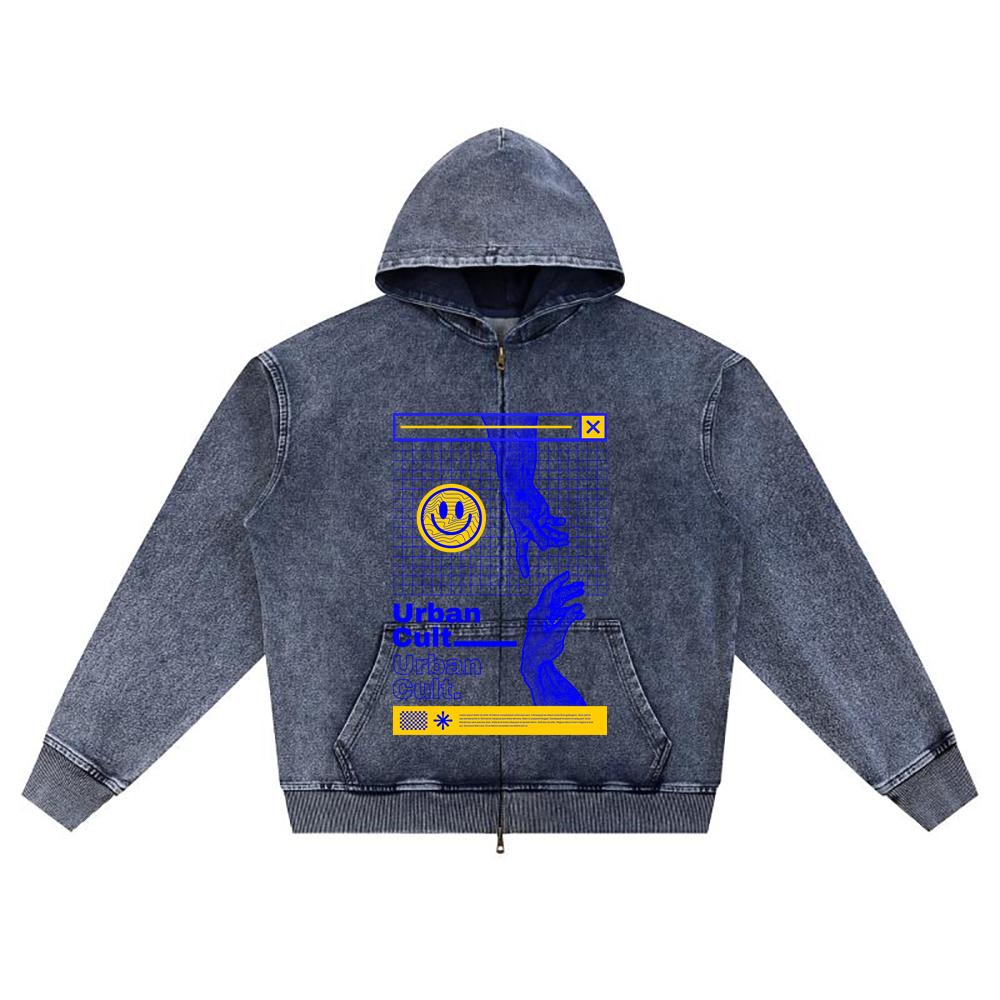 

DTG print Knitted Denim Zip-Up Hoodie streetwear 7 Brother Print Zipper Hoodies XL темно-синий