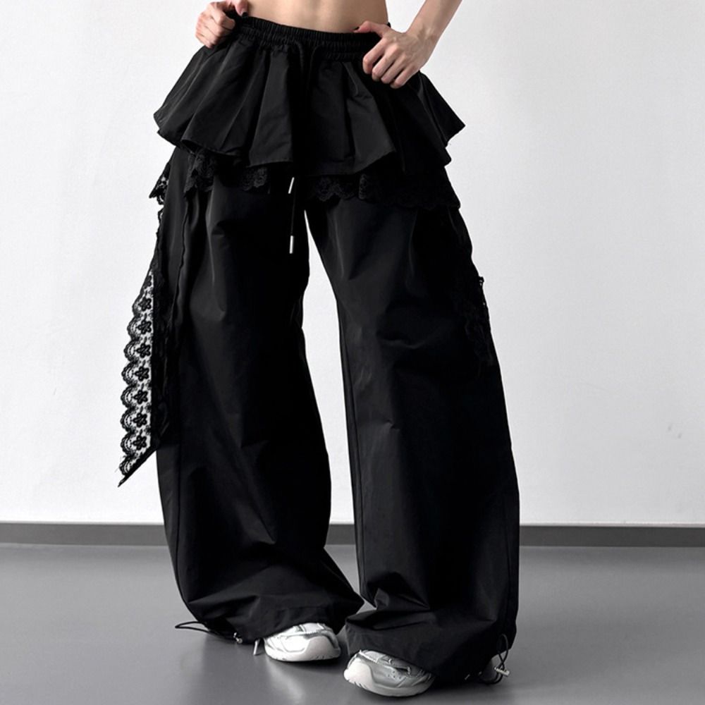 Young Women Lace Tiered Skirt Pants Baggy Wide Leg Trousers Y2k Lace Patchwork Pants  Lady