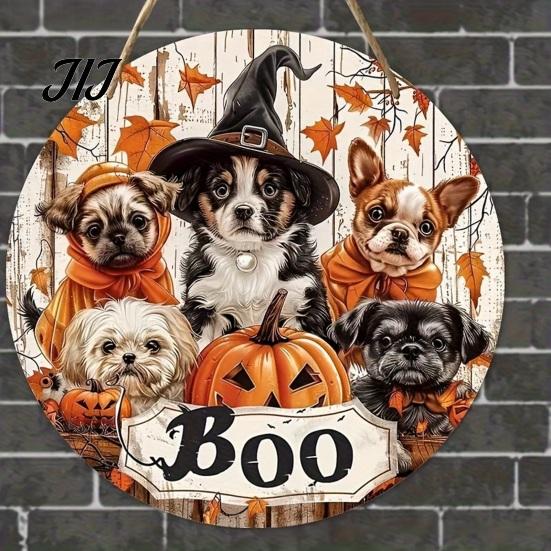 Front Porch Hanging Sign Wooden Halloween Door Sign, Cute Puppy Witch Hat Pumpkin Boo Festive Home Ornament Hanger, Fall Maple Leaf Wall Decor
