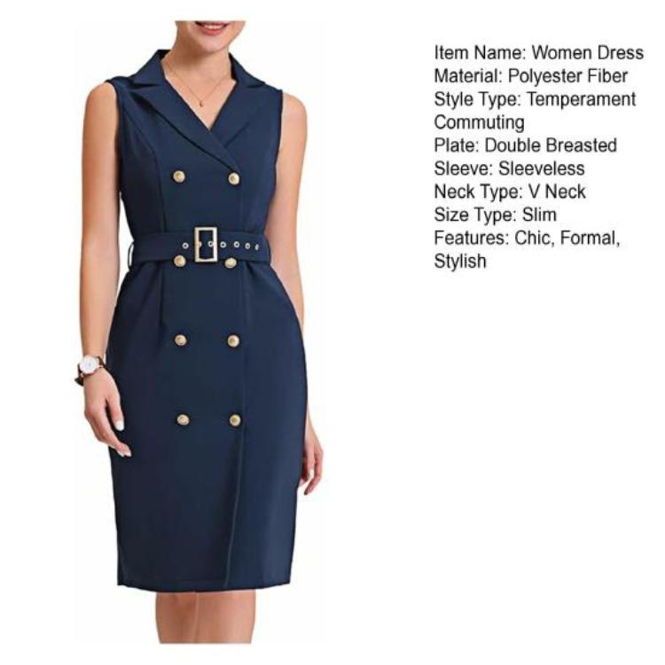 Summer Sleeveless Bodycon Midi Dress for Women Lapel V Neck Double Breasted Office Work Dress with Belt Suit Dress