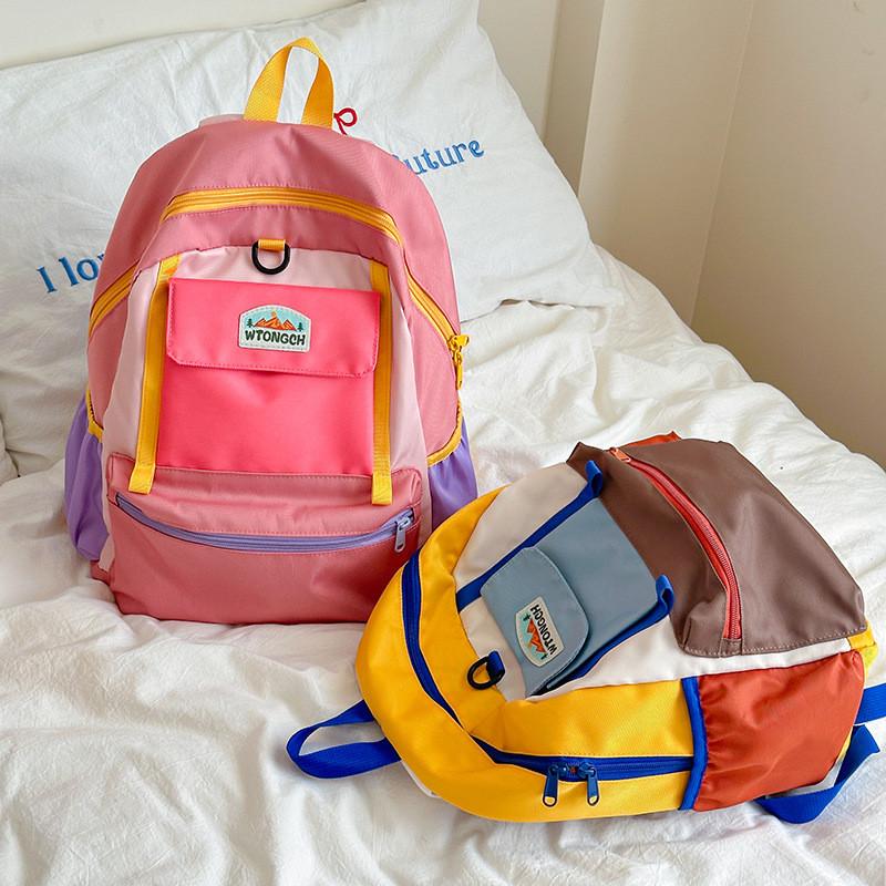 Kids Color Blocking Casual Backpack With Contrasting Stitching School Travel Use