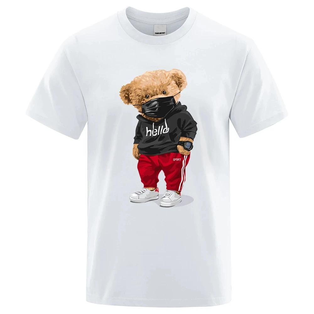 100% Cotton Sports Mask Bear Print Short-sleeved T-shirt Male Half-sleeved Summer Casual Oversized T-shirt Men Shirt 80201