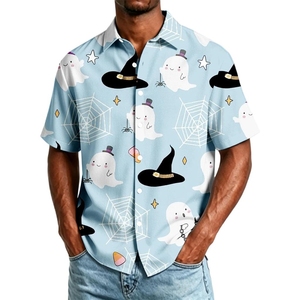Herren Freizeithemd Kurzarm Button-Down Halloween-Print Leichtes Atmungsaktives Gewebe Lockere Passform Hemd für den Alltag