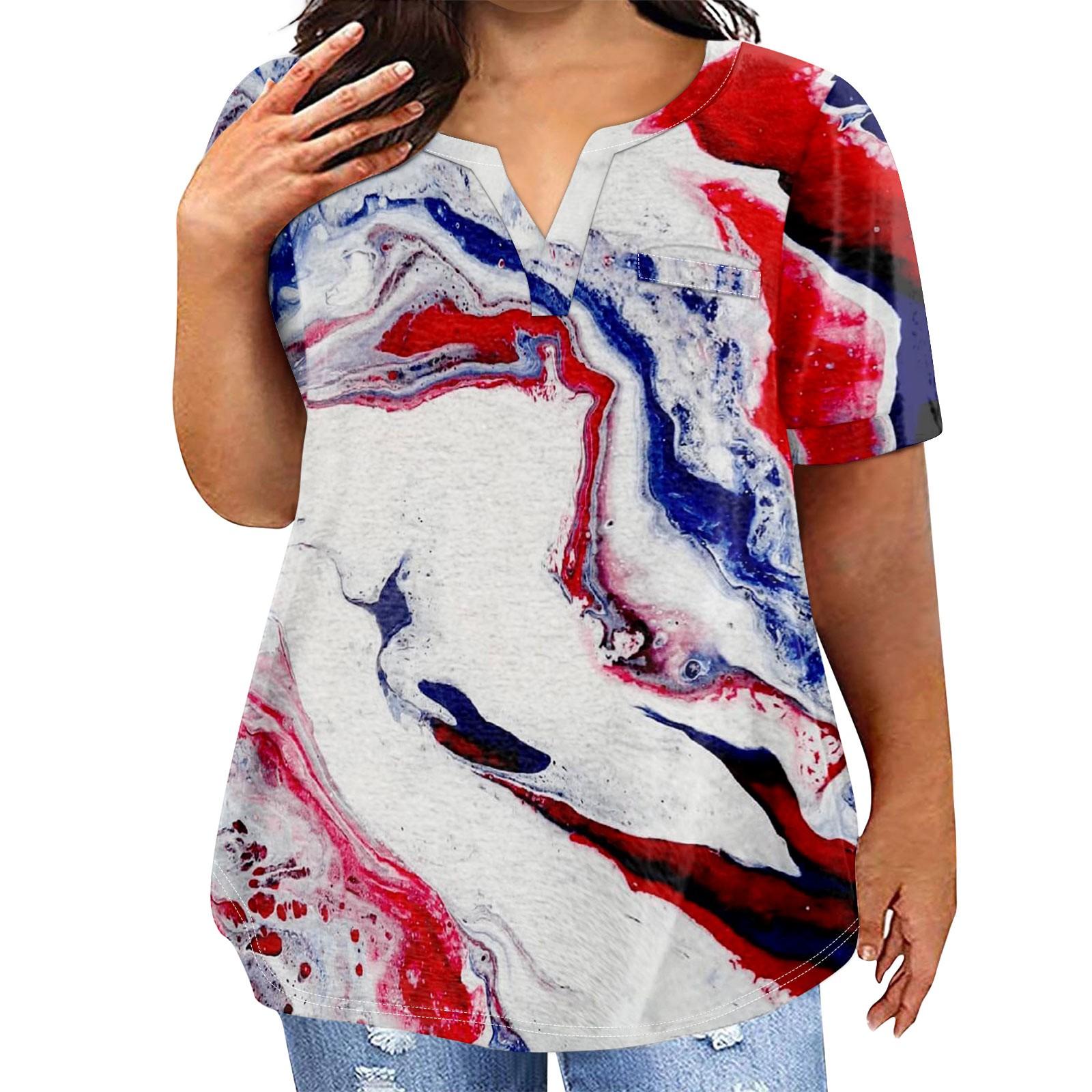 

Жіноча велика літня футболка з принтом до Дня незалежності з V-подібним вирізом і кишенею з короткими рукавами XL білий