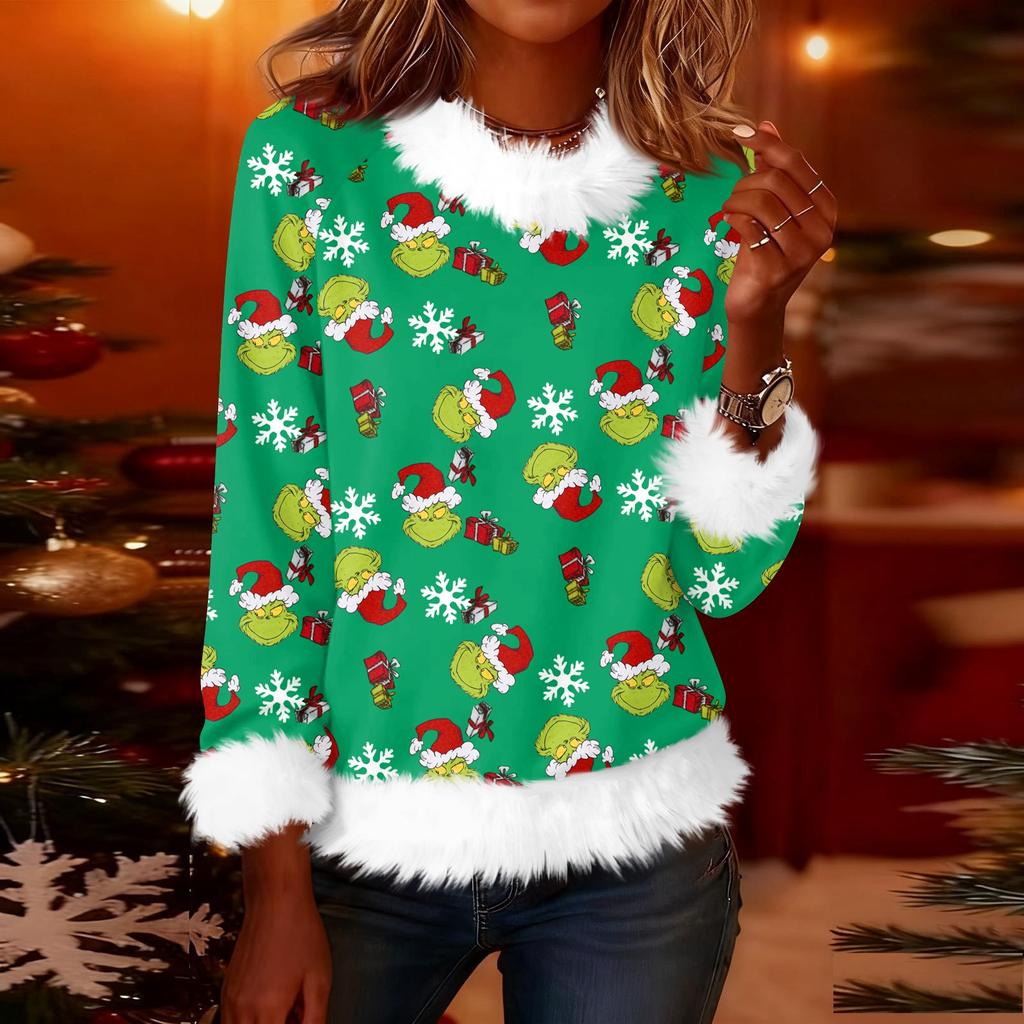 Women's Fashionable Christmas Printed Round Neck Long Sleeved Casual Pullover T-shirt Top