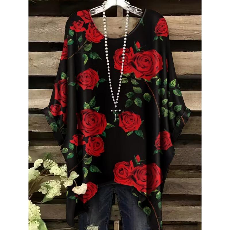 Bohemian Chic Women's T-Shirt Vintage Floral Graphic O-Neck Pullover Short Sleeve Tees Oversized Irregular Hemline  Clothes