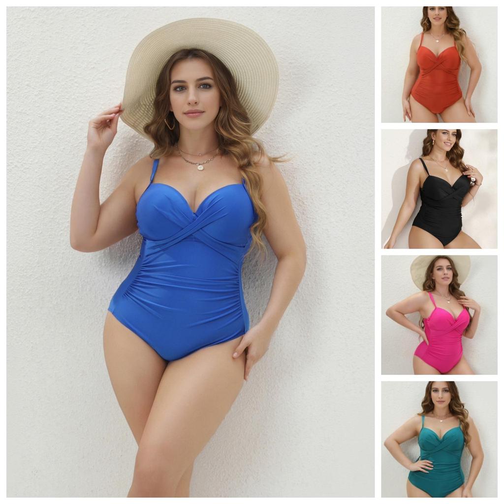 Dámské evropské a americké jednodílné plus size bikiny: Kostým s kosticemi, Jednobarevný, Dvojitá ramínka, Zeštíhlující střih.