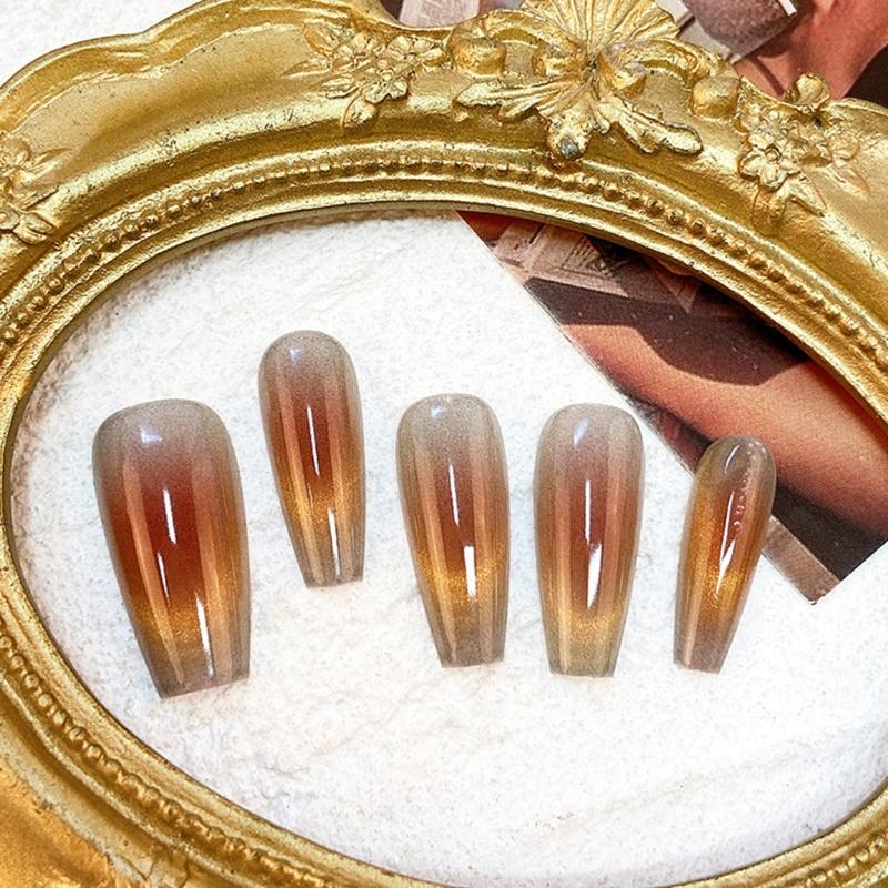 Pack of 30 Coffin False Nails Long Crystal Press On Cat Eyes Gradient Reusable Stick On Nails for Women Girls