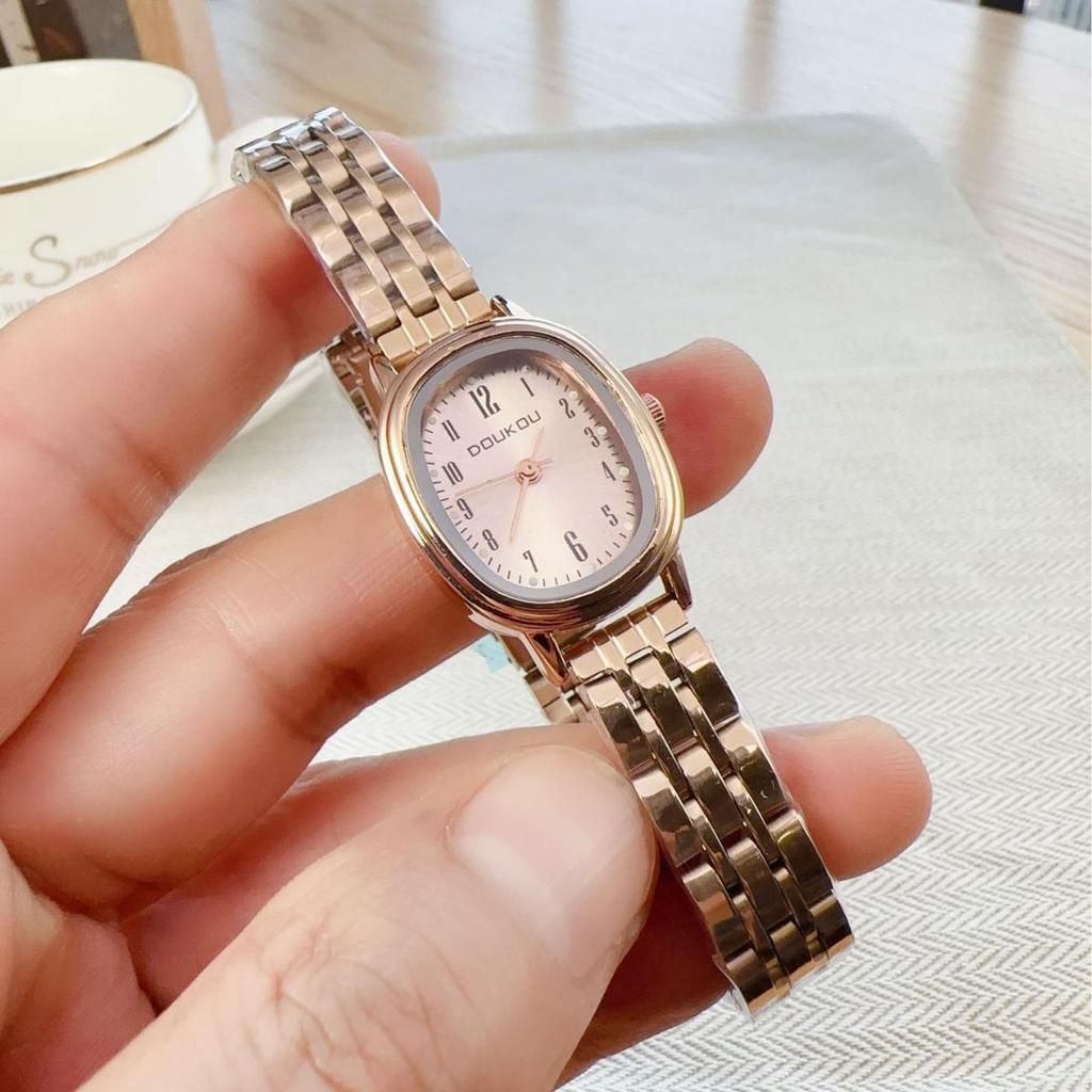 Women's Minimalist Quartz Watch with Elliptical Dial and Digital Markers, Steel Band, Small Wristwatch