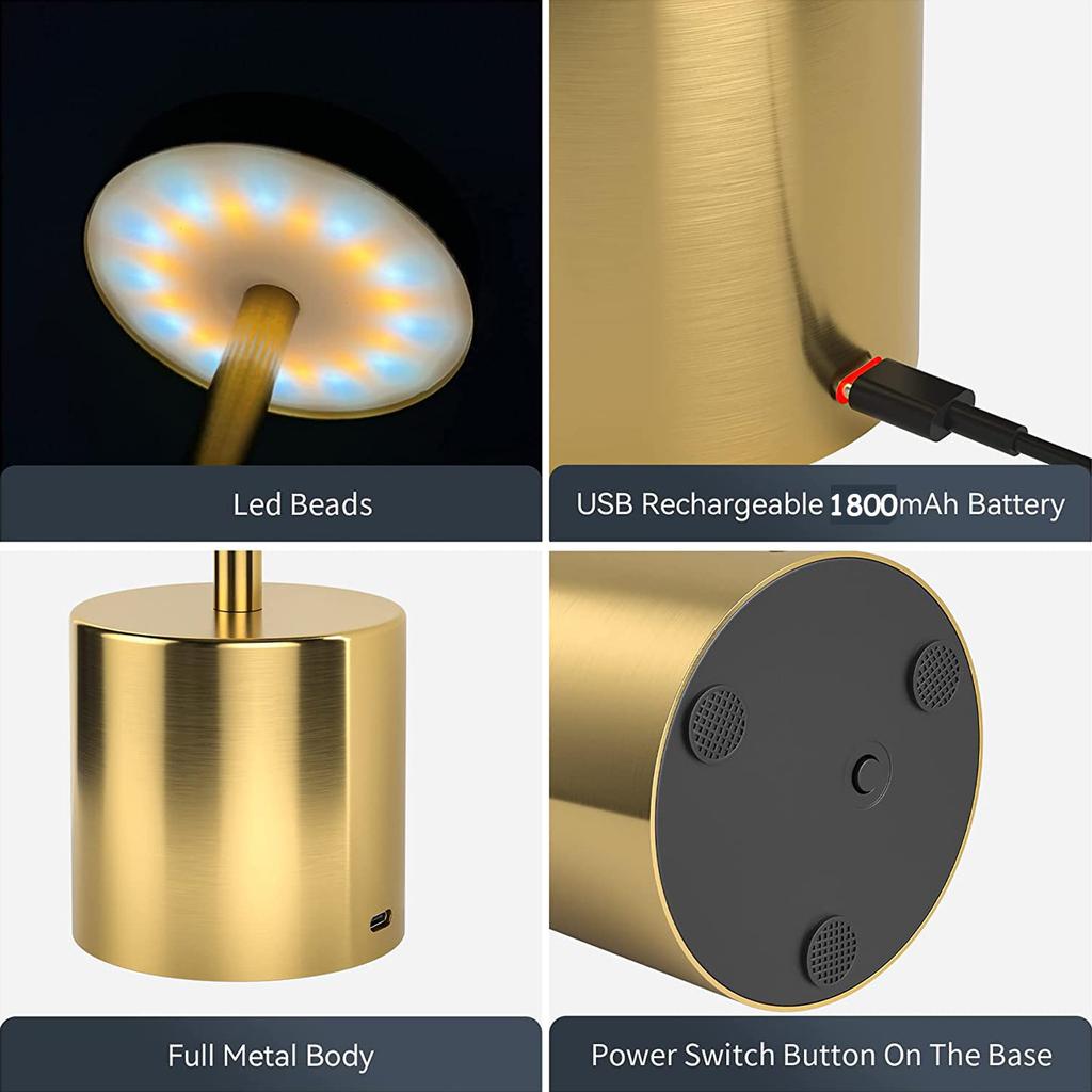 Cordless Table Lamp Rechargeable USB Desk Lamp 3 Colors and Stepless Dimming Portable for Bedroom Home Use