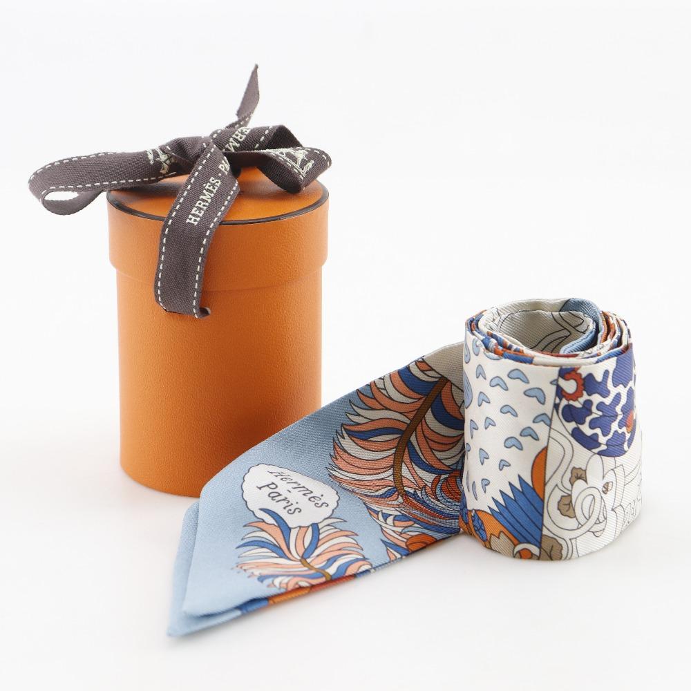 HERMES Twilly scarf Duel with a walking stick and umbrella De l'Ombrelle aux Duels Light blue / orange silk Women Used