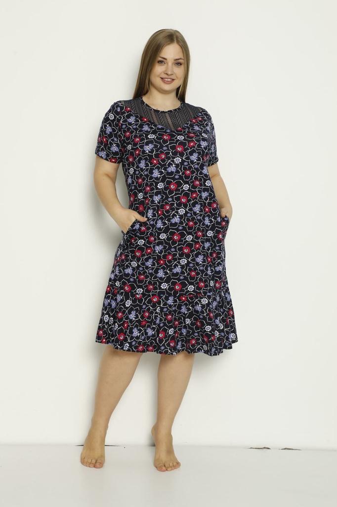 Women's Big Size Dress Patterned Pocket Tulle Detailed Combed Cotton Modal Plus Size Dress