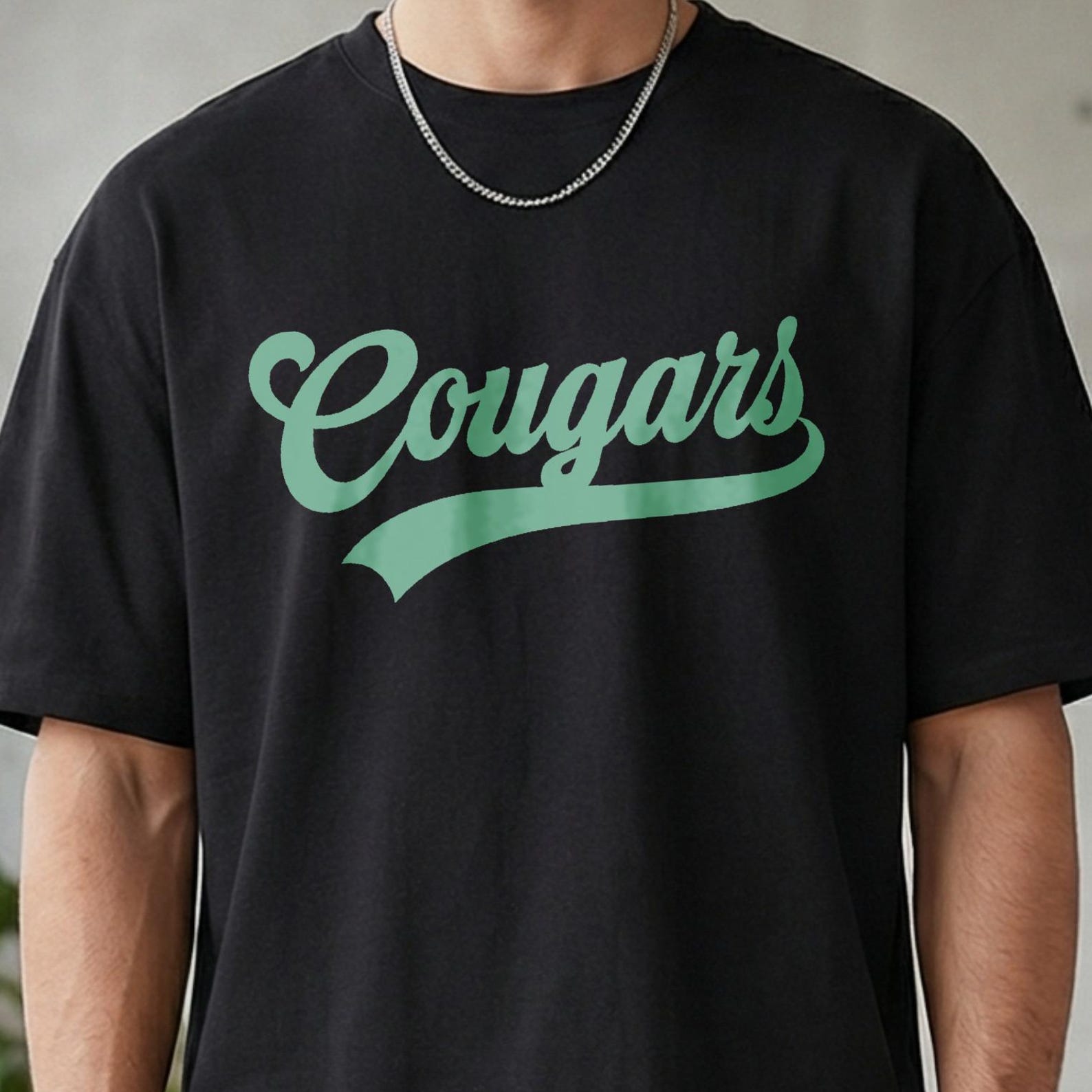 Cougars Varsity Script T-Shirt, Retro Mint Green Team Spirit Tee, Cougars Mascot School Game Day Casual White Shirt, Gift For Dad S