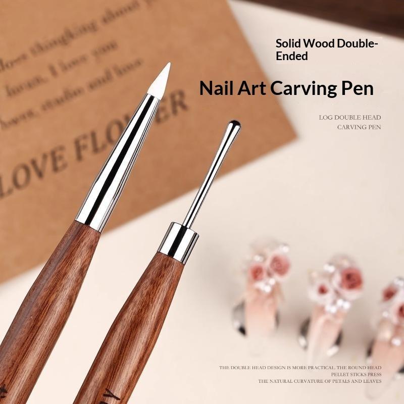 Dual Head Nail Art Flower Painting Brush Silicone Carving Pen Wooden Grip for Manicure Salon Home